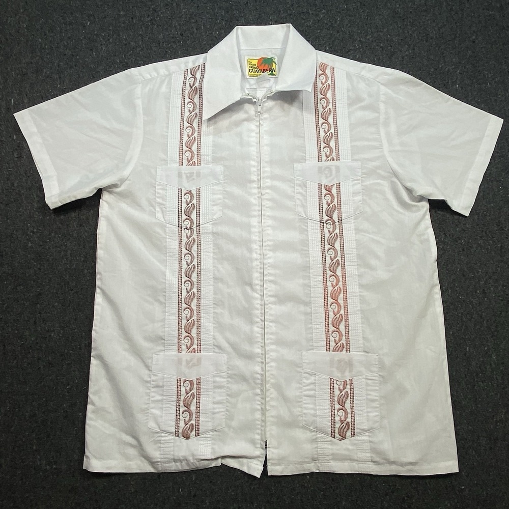 Haband Four Pockets Guayabera‎ White Full-Zip Front Shirt Men's Sz XL Distressed